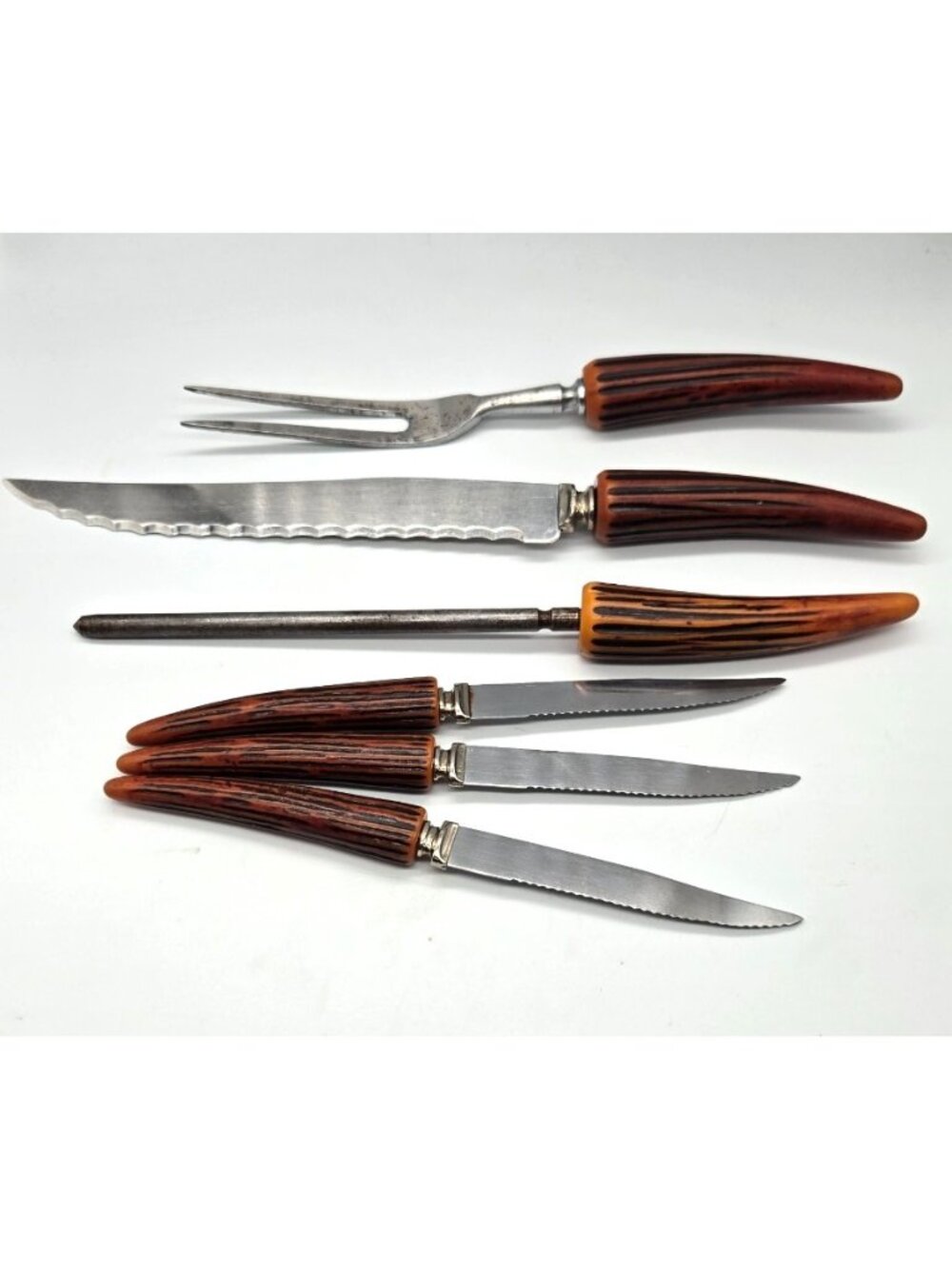 Vintage Regent Sheffield Carving Set 6 Pc Faux Stag Horn Handle Steak Knives